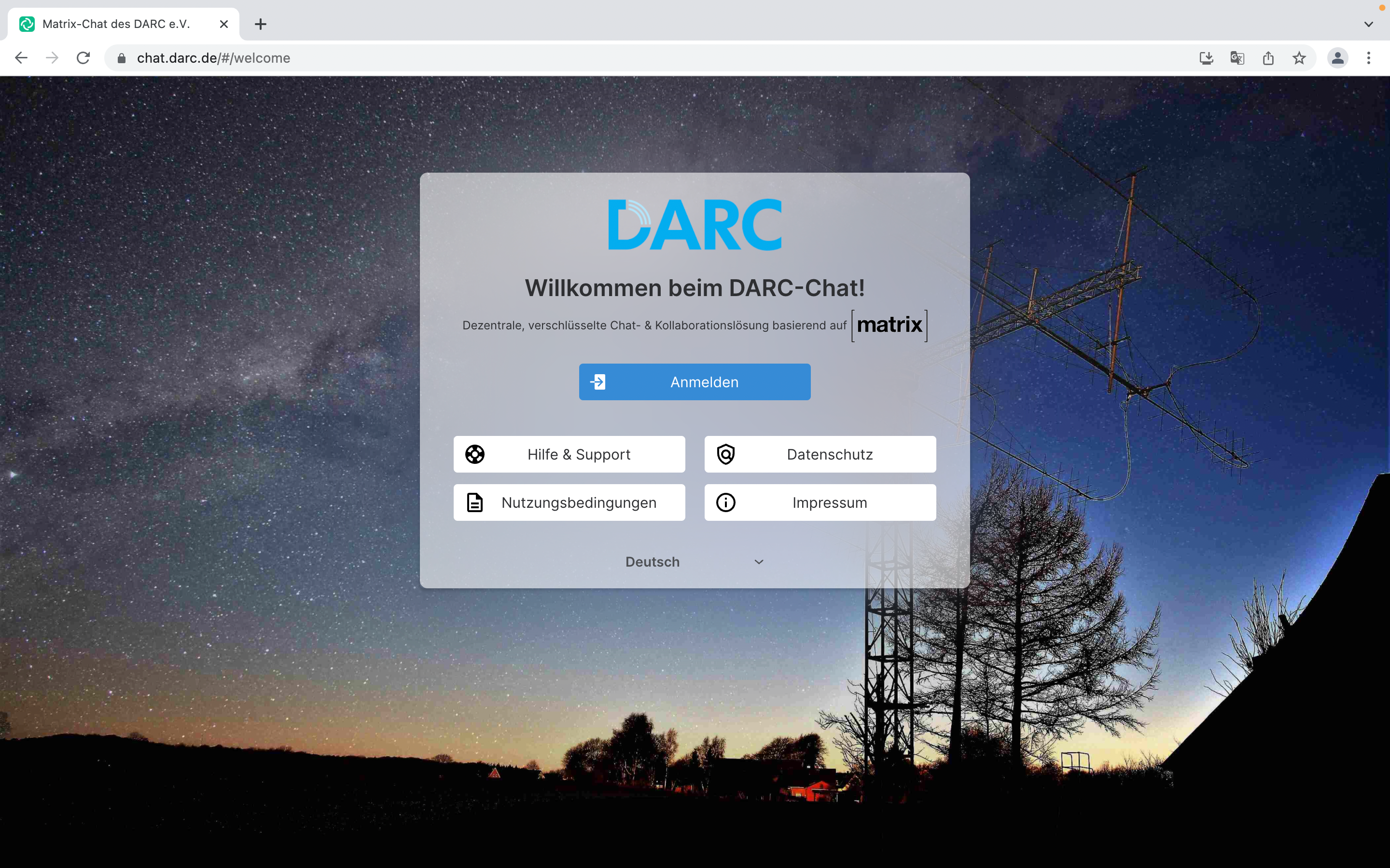 Willkommensbildschirm des DARC Element Web Clients